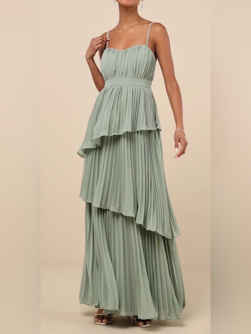 Lulu's Sage Green Pleated Tiered Maxi Dress